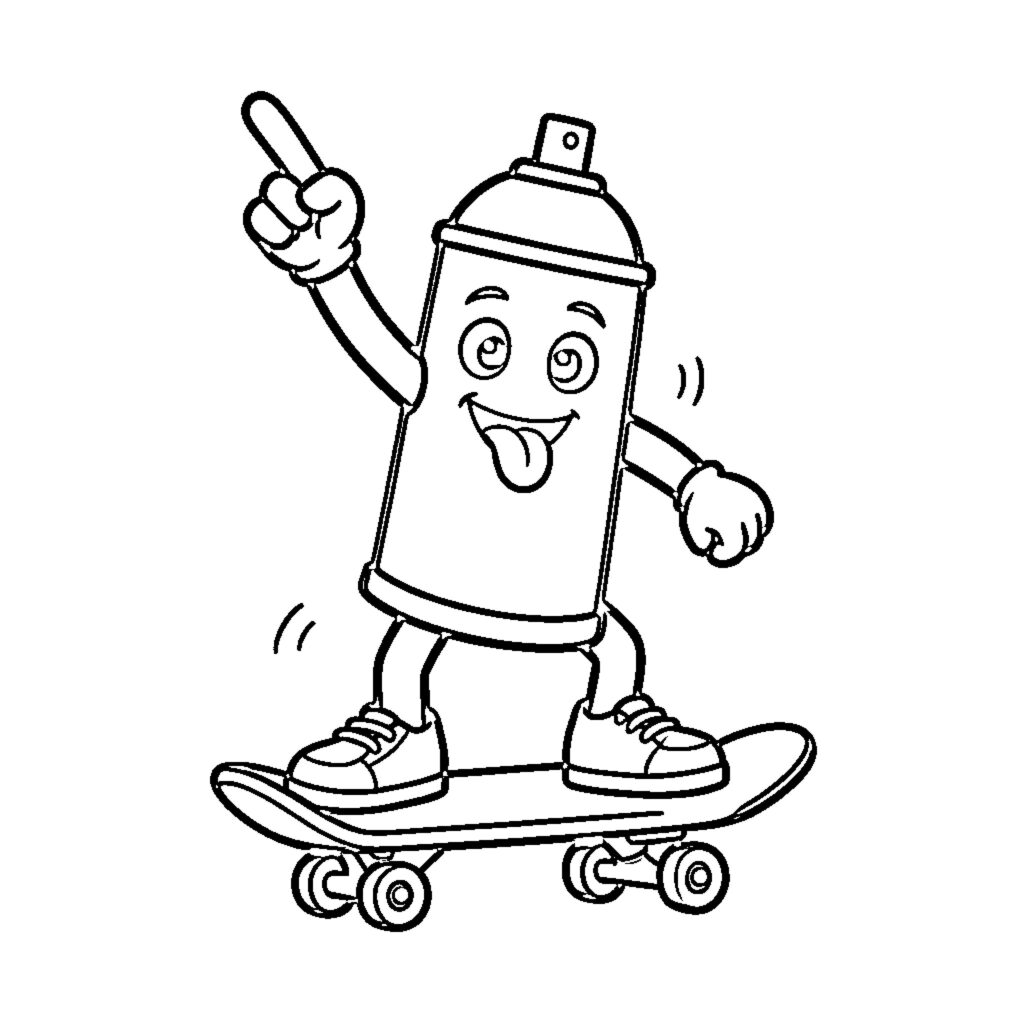 Spray paint can character riding a skateboard
