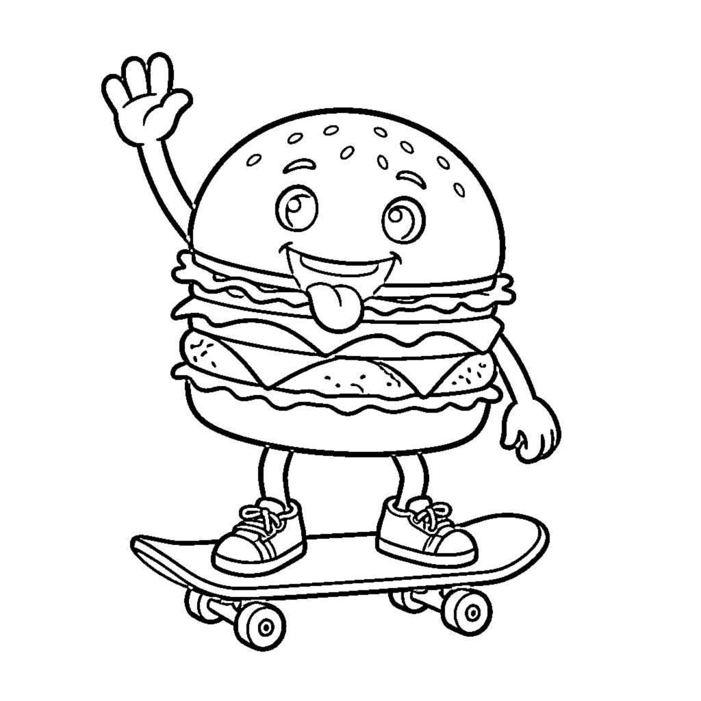Burger character riding a skateboard with one hand waving in the air